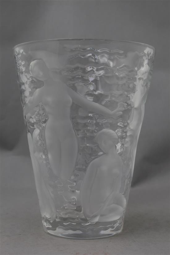 A Lalique Ondines conical glass vase, post-war, 24cm.